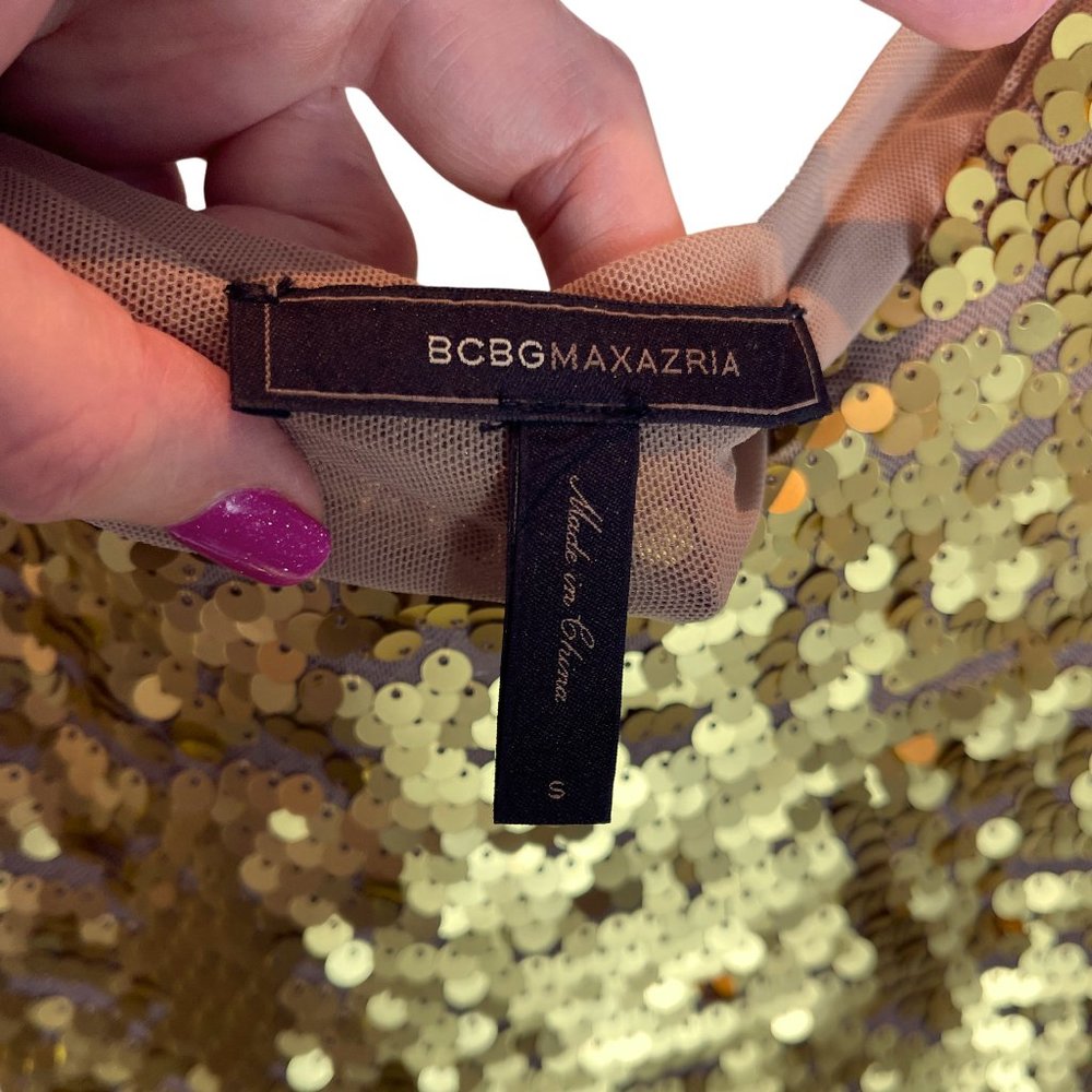 BCBG MAXAZRIA GLAM GOLD SEQUIN STRETCHY BODYCON DRESS SCOOP NECK, LINED SZ S - Picture 4 of 7